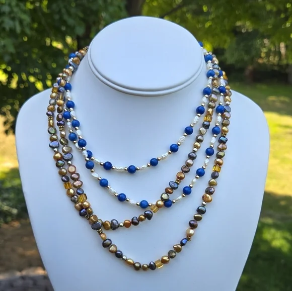 Blue Gemstone White Rice Pearl Gold Purple Peaco Pearl Beaded Necklace Bundle - Picture 13 of 16